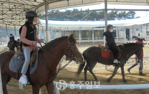 승마 교육을 받고 있는 신당초 학생들.