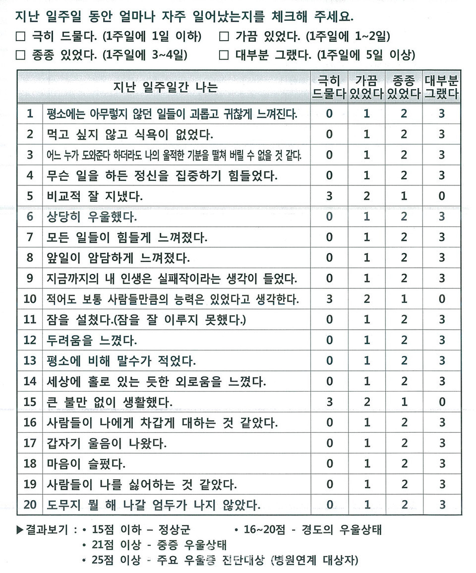 성인용 우울증 자가진단 키트. (자료제공=홍성군 보건소)