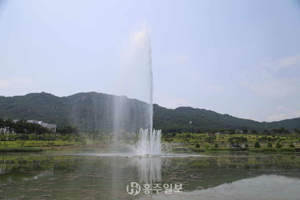 2일 홍예공원 자미원의 고사 분수 가동 모습.