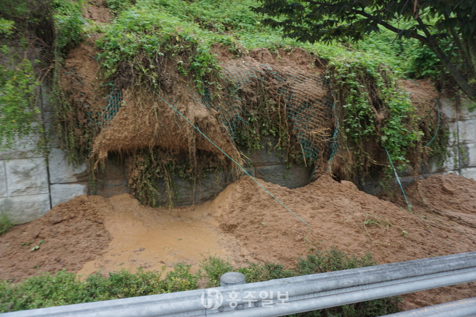 지난달 1일 폭우로 홍북읍 홍북터널 인도에 쏟아져 내린 토사. 한달이 지난 현재까지도 방치된 채 인도를 덮고 있어 통행을 방해하고 있다.