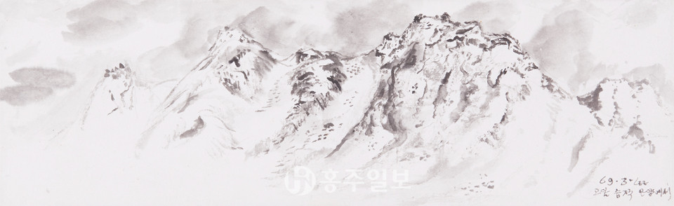 산수(안양에서), 한지에 수묵 ,20.7x66.5cm, 1969년.