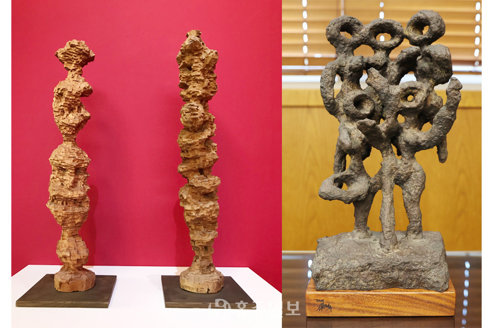 이응노, 토템, 1964년, 나무, 97x16x15cm, 2ea./ 이응노, 군상, 1965, 종이찰흙, 33x17x13cm. 개인소장(2017년 브론즈 복제).