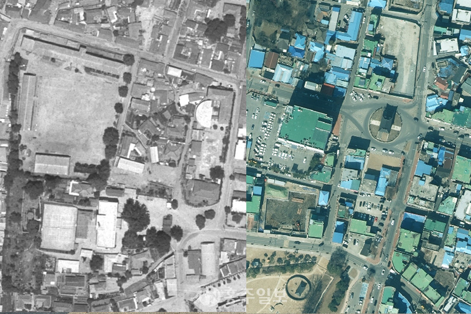 1947년부터 현재까지 홍성읍 국토 변화 모습을 한눈에 볼 수 있는 시계열 정사영상. 홍성군청과 조양문, 홍주초 터 등이 눈에 띈다.