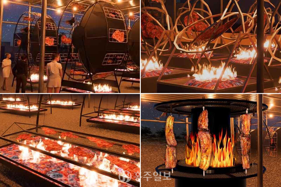 왼쪽 상단부터 시계방향으로 놀이기구를 착안해 제작 중인 관람차, 무중력, 회전목마, 바이킹 바비큐 시설. 홍성글바페의 상징적이면서 이색적인 광경이 연출될 것으로 기대된다.