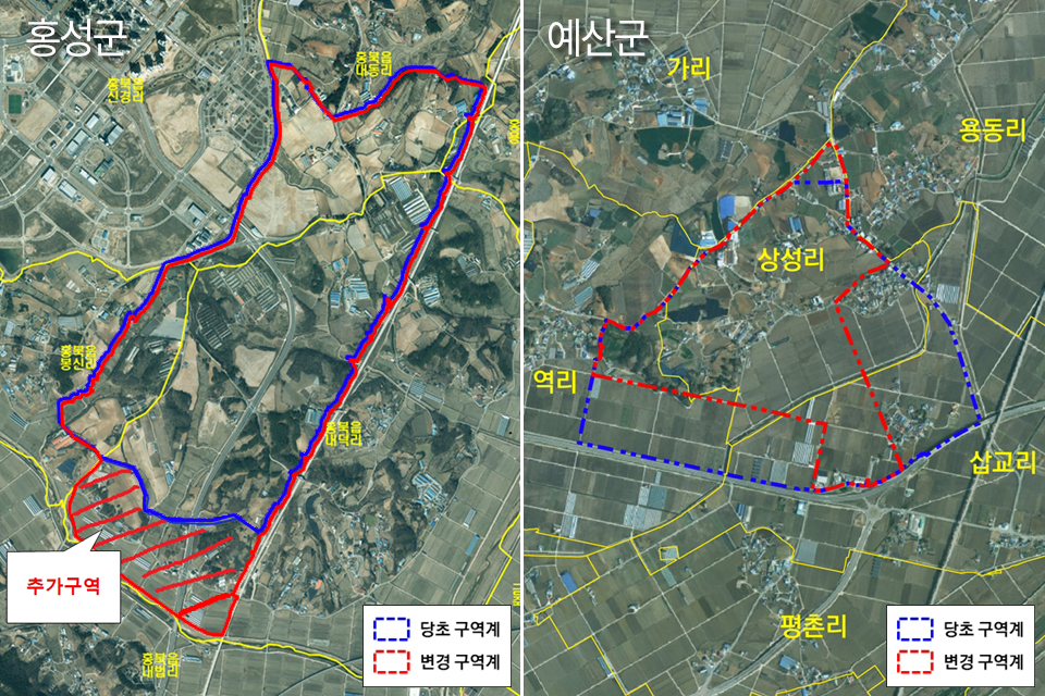 홍성군과 예산군 토지거래허가구역 조정 도면.